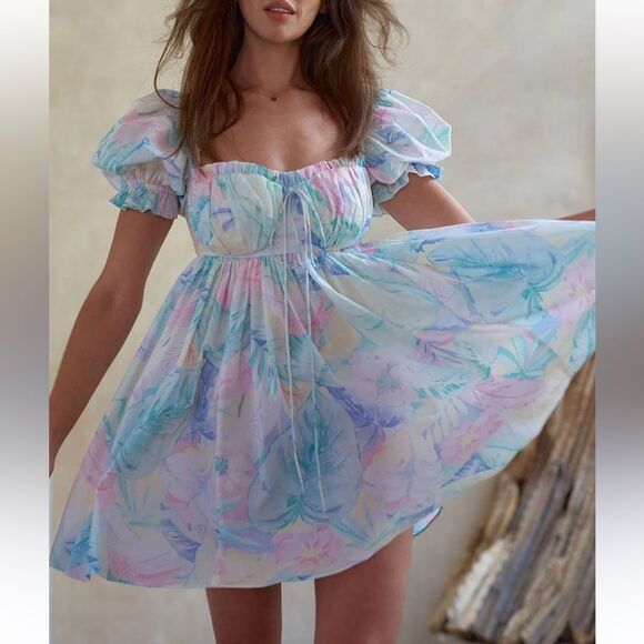 SELKIE The Parliament Floral Puff Sleeve Mini Dress Medium Pastel - Picture 11 of 14